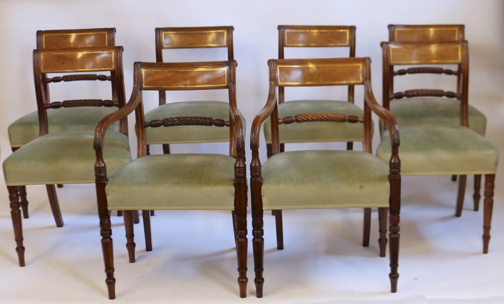 George 111 Mahogany Set of 6 & 2 Dining Brass Inlaid Chairs