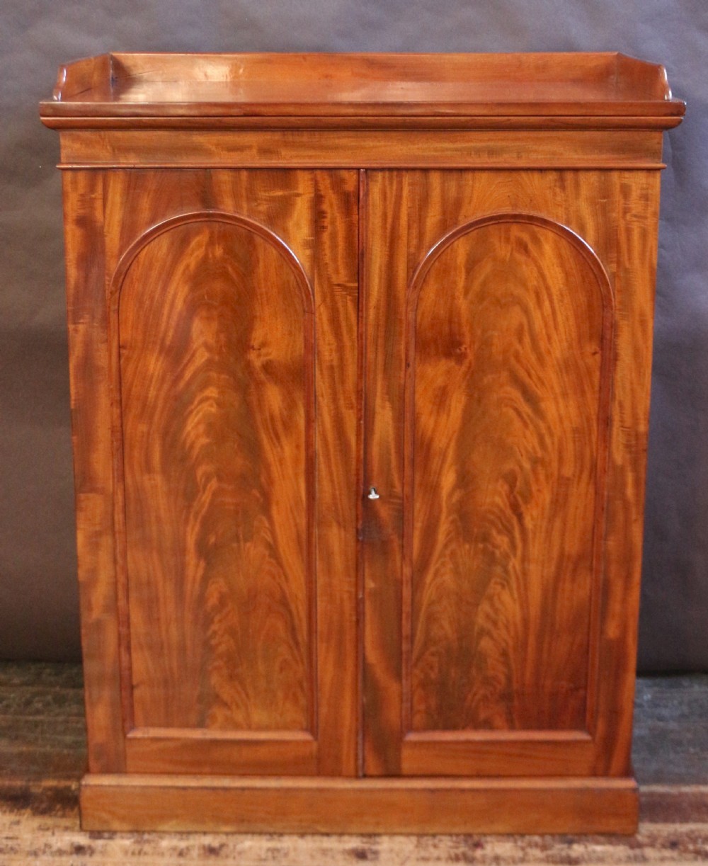 A 19th-century Victorian mahogany two-door cupboard featuring arched panel doors, rich flame veneer patterns, a low rear gallery top, and a solid plinth base. View II