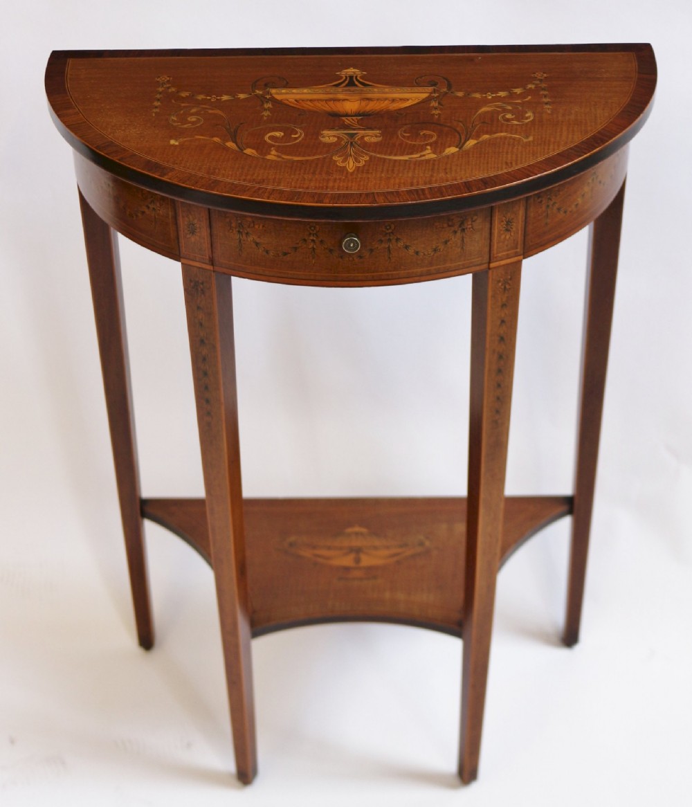 Fine Edwardian Inlaid Mahogany Demi Lune Side Console Table