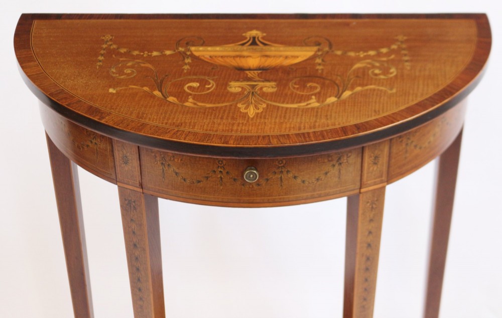 Fine Edwardian Inlaid Mahogany Demi Lune Side Console Table View IV