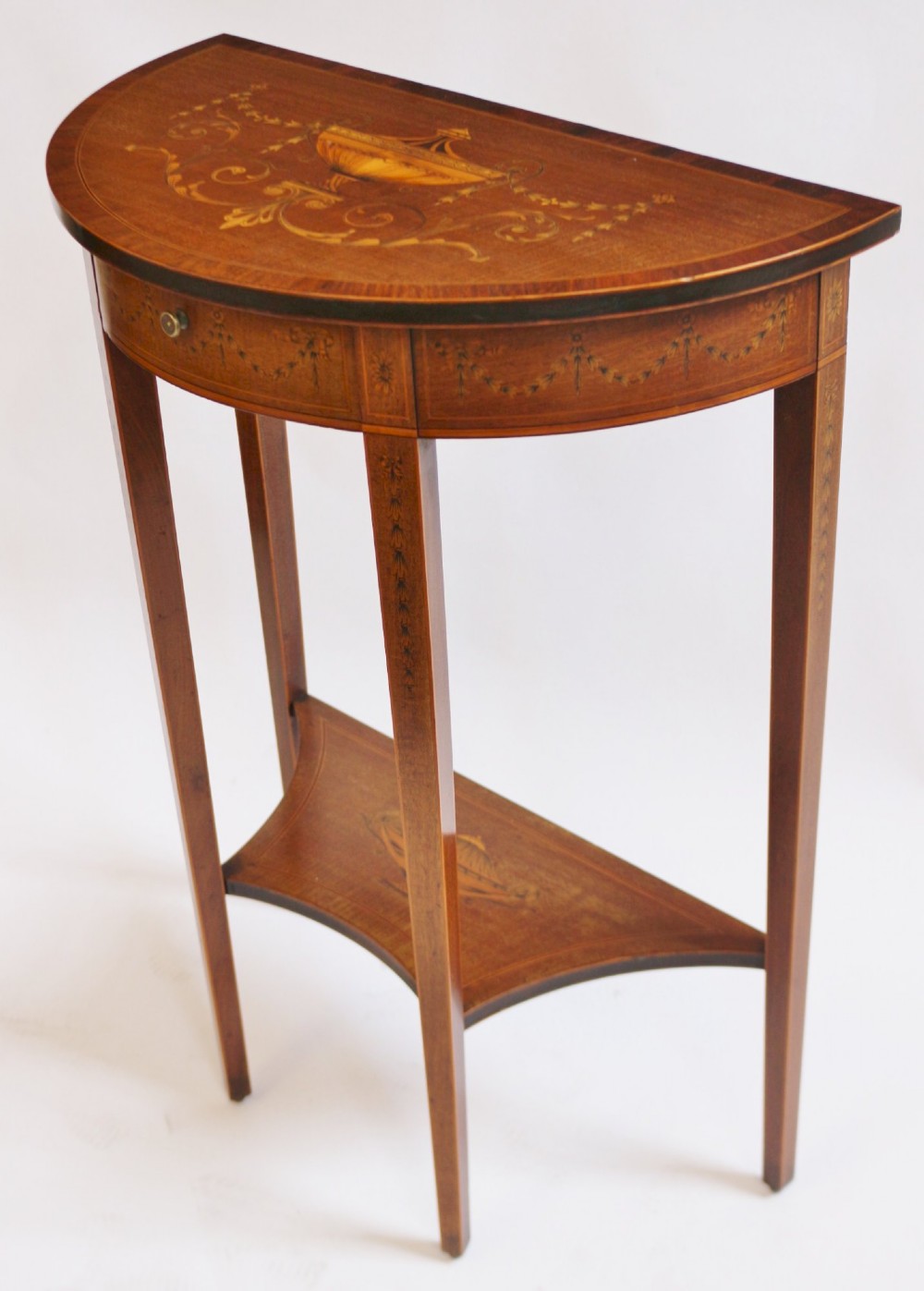 Fine Edwardian Inlaid Mahogany Demi Lune Side Console Table View V