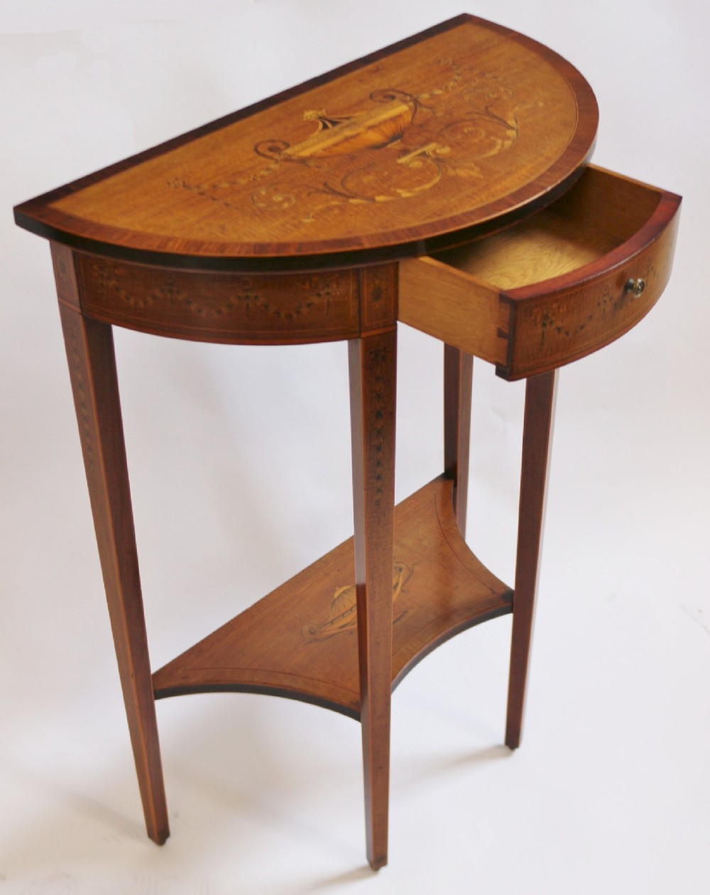 Fine Edwardian Inlaid Mahogany Demi Lune Side Console Table View VI