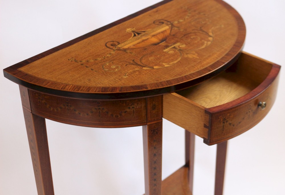 Fine Edwardian Inlaid Mahogany Demi Lune Side Console Table View VII