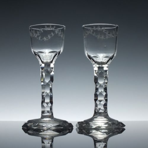 Pair of 18th Century Georgian Facet Wine Glasses with Octagonal Feet C1795
