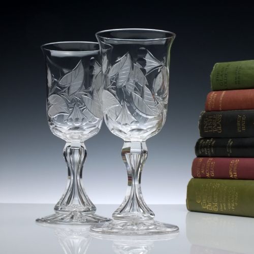 Pair of Engraved 19th Century Richardson Glass Wine Goblets C1880