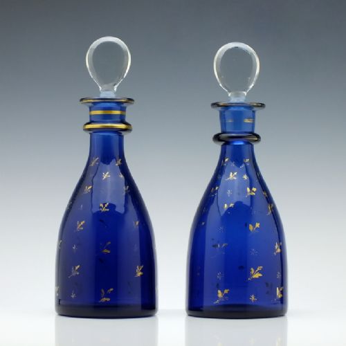 fig 1. Pair of Blue Antique Georgian Sugar Loaf Glass Decanters c1820