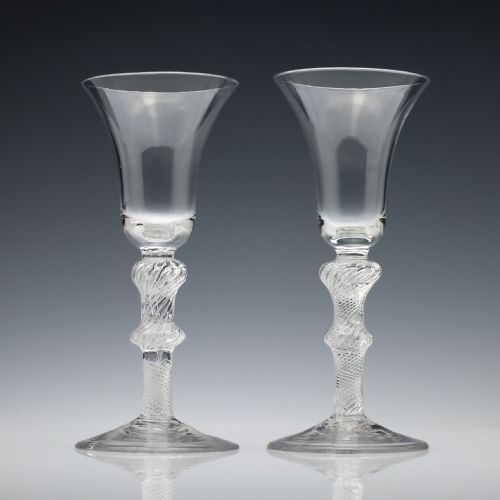 Pair of Large Georgian Double Knopped Air Twist Wine Glasses C1750
