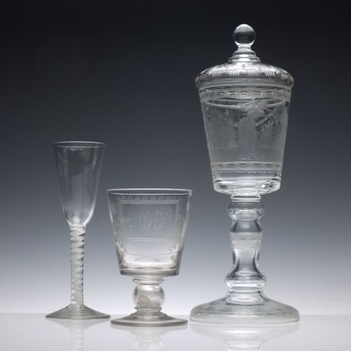 LARGE GOLFER ENGRAVED 19TH CENTURY LIDDED GLASS GOBLET C1900 - ADDITIONAL PHOTO 1
