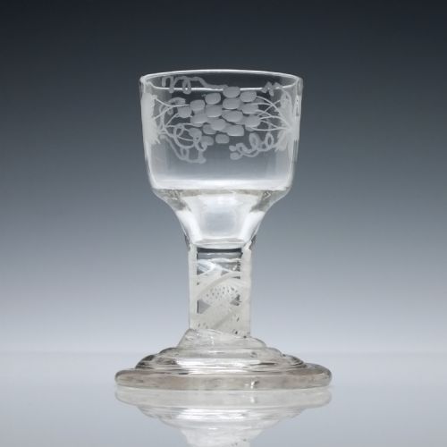 ENGRAVED TERRACED FOOT GEORGIAN OPAQUE TWIST DRAM GLASS C1760 - ADDITIONAL PHOTO 1