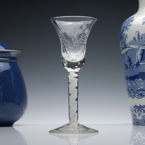 engraved 19th century opaque twist wine glass c1840 - CATEGORY: ANTIQUE GLASS - DATED 19TH CENTURY