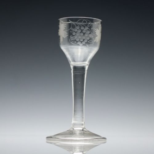 engraved 18th century plain stem wine glass c1740 - CATEGORY: ANTIQUE GLASS - DATED GEORGIAN
