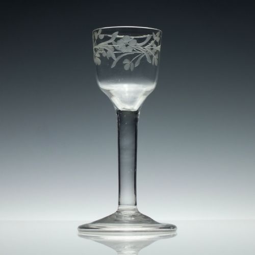 engraved 18th century plain stem wine glass c1740 - CATEGORY: ANTIQUE GLASS - DATED GEORGIAN