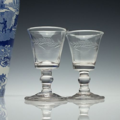 pair of engraved georgian dram glasses c1750 - CATEGORY: ANTIQUE GLASS - DATED GEORGIAN