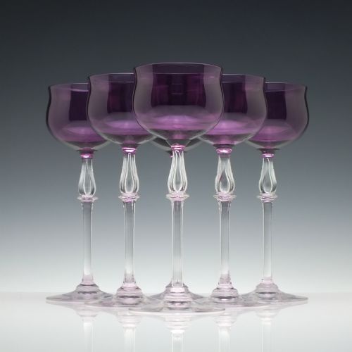 six amethyst art nouveau wine hock glasses c1890 - CATEGORY: ANTIQUE GLASS - DATED VICTORIAN