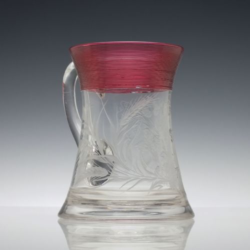 ENGRAVED 19TH CENTURY GLASS TANKARD WITH CRANBERRY TRAILING C1880 - ADDITIONAL PHOTO 1