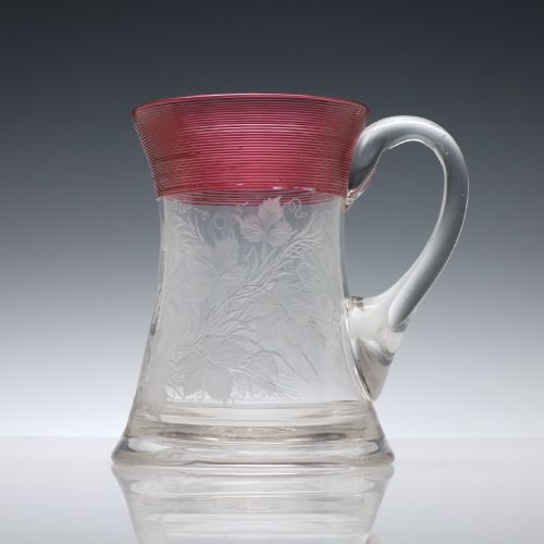 ENGRAVED 19TH CENTURY GLASS TANKARD WITH CRANBERRY TRAILING C1880 - ADDITIONAL PHOTO 2