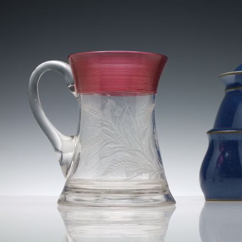 ENGRAVED 19TH CENTURY GLASS TANKARD WITH CRANBERRY TRAILING C1880 - ADDITIONAL PHOTO 3