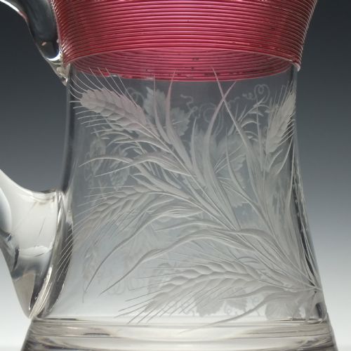 ENGRAVED 19TH CENTURY GLASS TANKARD WITH CRANBERRY TRAILING C1880 - ADDITIONAL PHOTO 4