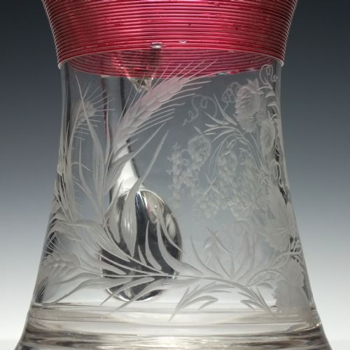 ENGRAVED 19TH CENTURY GLASS TANKARD WITH CRANBERRY TRAILING C1880 - ADDITIONAL PHOTO 5
