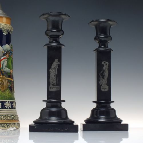 rare pair of neo classical ashford derbyshire black marble candle sticks c1850 - CATEGORY: ANTIQUE LIGHTING - DATED 1850