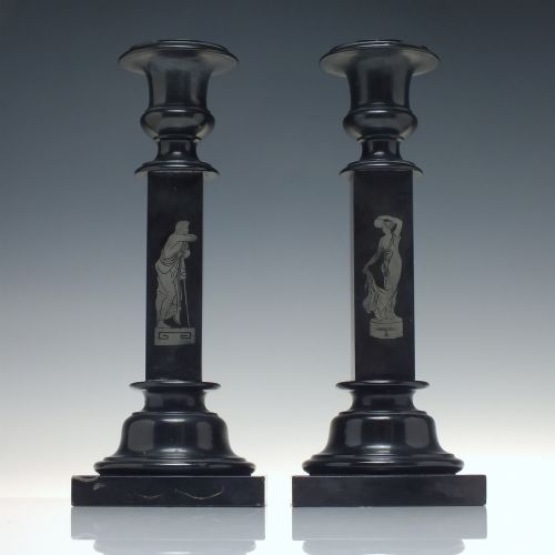 RARE PAIR OF NEO CLASSICAL ASHFORD DERBYSHIRE BLACK MARBLE CANDLE STICKS C1850 - ADDITIONAL PHOTO 1