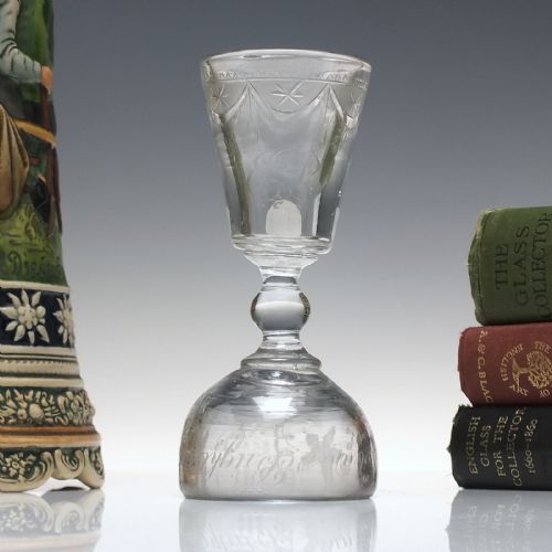 rare antique engraved double ended bowl wine dram glass c1800 - CATEGORY: ANTIQUE GLASS - DATED 1800
