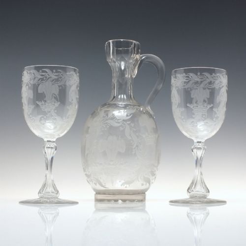 prince of wales engraved glass water ewer and goblets by richardson c1870 - CATEGORY: ANTIQUE GLASS - DATED 1870