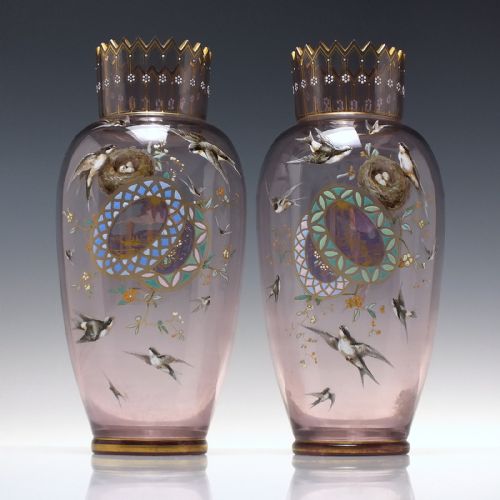 large pair of enamelled 19th century harrach amethyst glass vases c1890 - CATEGORY: ANTIQUE GLASS - DATED 1890
