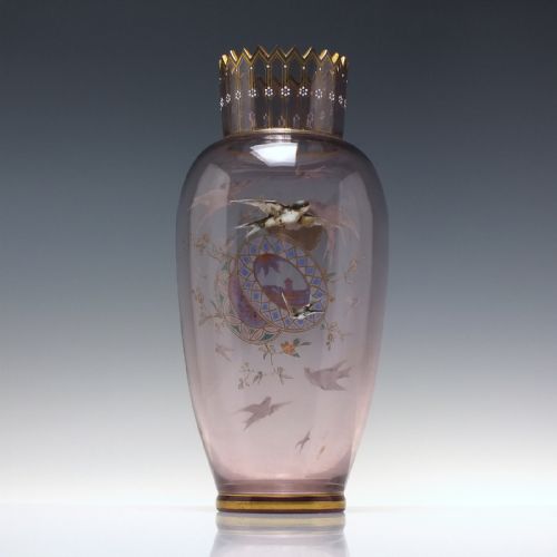 LARGE PAIR OF ENAMELLED 19TH CENTURY HARRACH AMETHYST GLASS VASES C1890 - ADDITIONAL PHOTO 3