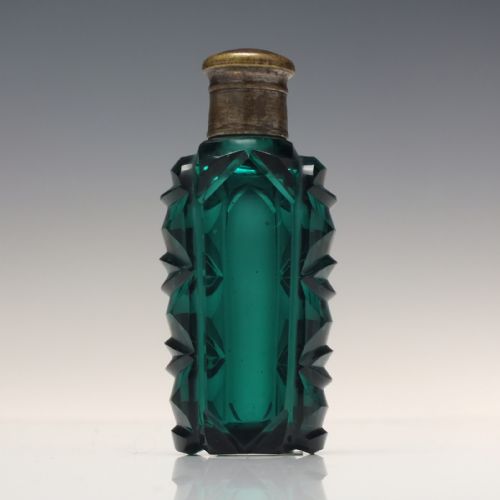 unusual victorian cut teal green glass perfume bottle c1870 - CATEGORY: ANTIQUE GLASS - DATED 1870