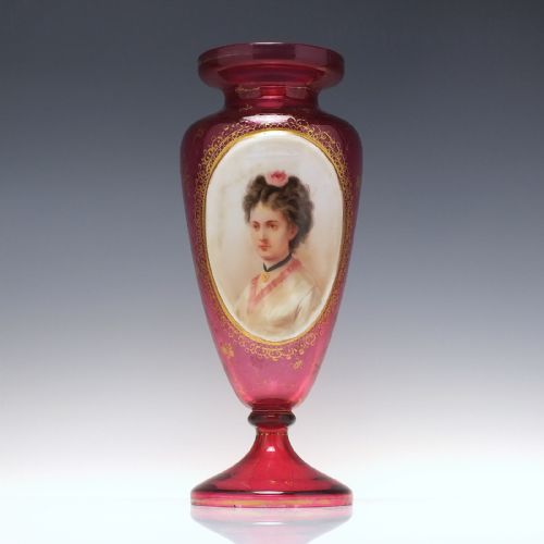 Large Victorian Bohemian Cranberry Gilded & Hand Painted Portrait Vase C1860
