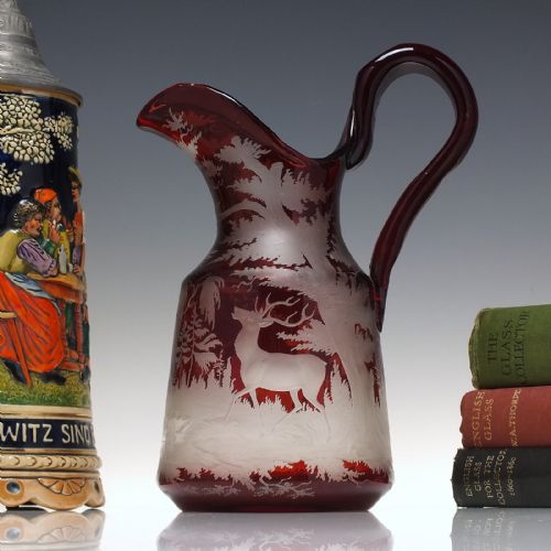antique 19th century bohemian swan neck engraved water jug c1880 - CATEGORY: ANTIQUE GLASS - DATED 1880