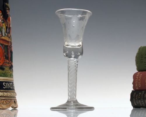 18th century jacobite sympathy engraved opaque twist wine glass c1760 - CATEGORY: ANTIQUE GLASS - DATED 1750