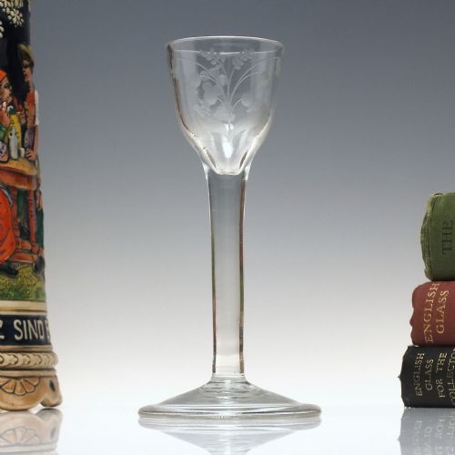 georgian engraved plain stem wine glass with folded foot c1740 - CATEGORY: ANTIQUE GLASS - DATED 1750