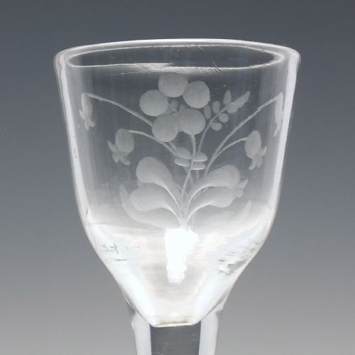 GEORGIAN ENGRAVED PLAIN STEM WINE GLASS WITH FOLDED FOOT C1740 - ADDITIONAL PHOTO 3