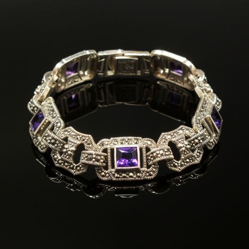 vintage silver art deco style marcasite and amethyst bracelet c1980 - CATEGORY: ANTIQUE JEWELLERY - DATED 1960