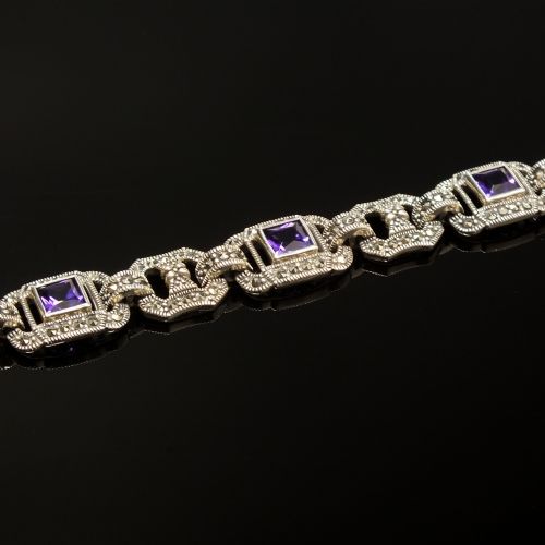 VINTAGE SILVER ART DECO STYLE MARCASITE AND AMETHYST BRACELET C1980 - ADDITIONAL PHOTO 1