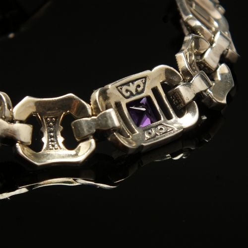 VINTAGE SILVER ART DECO STYLE MARCASITE AND AMETHYST BRACELET C1980 - ADDITIONAL PHOTO 2