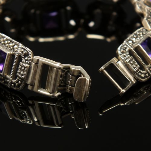 VINTAGE SILVER ART DECO STYLE MARCASITE AND AMETHYST BRACELET C1980 - ADDITIONAL PHOTO 4
