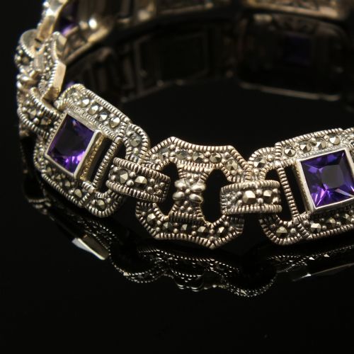 VINTAGE SILVER ART DECO STYLE MARCASITE AND AMETHYST BRACELET C1980 - ADDITIONAL PHOTO 5