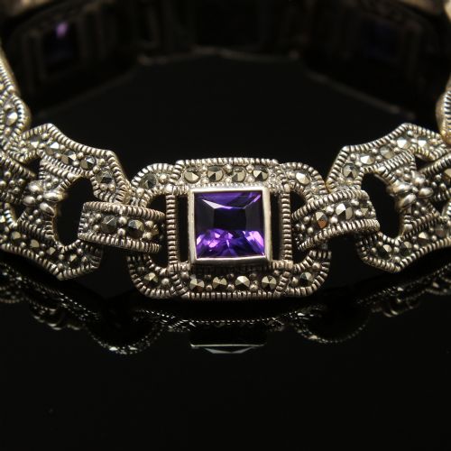 VINTAGE SILVER ART DECO STYLE MARCASITE AND AMETHYST BRACELET C1980 - ADDITIONAL PHOTO 6