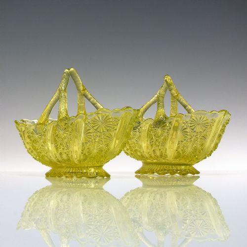 pair antique davidson vaseline lady chippendale glass baskets c1885 - CATEGORY: ANTIQUE GLASS - DATED 1880