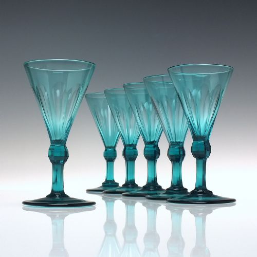 Six Georgian Regency Peacock Blue Wine Glasses C1820