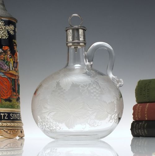 victorian engraved glass claret jug with silver top london 1867 - CATEGORY: ANTIQUE GLASS - DATED 1870