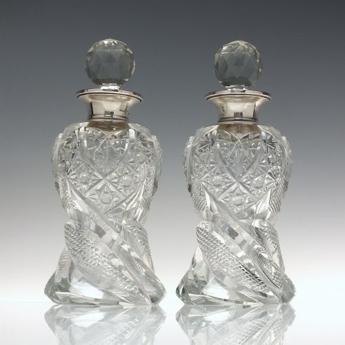pair silver topped edwardian glass decanters c1910 - CATEGORY: ANTIQUE GLASS - DATED 1910