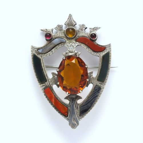 large antique scottish celtic silver crowned shield gemstone brooch c1880 - CATEGORY: ANTIQUE JEWELLERY - DATED 1880