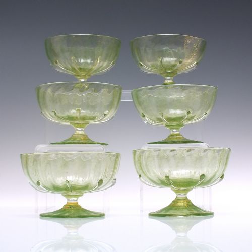 six antique italian salviati green glass sundae bowls with matching saucers c1900 - CATEGORY: ANTIQUE GLASS - DATED 1900