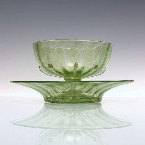 SIX ANTIQUE ITALIAN SALVIATI GREEN GLASS SUNDAE BOWLS WITH MATCHING SAUCERS C1900 - ADDITIONAL PHOTO 1