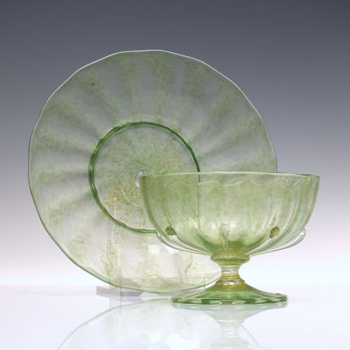 SIX ANTIQUE ITALIAN SALVIATI GREEN GLASS SUNDAE BOWLS WITH MATCHING SAUCERS C1900 - ADDITIONAL PHOTO 3