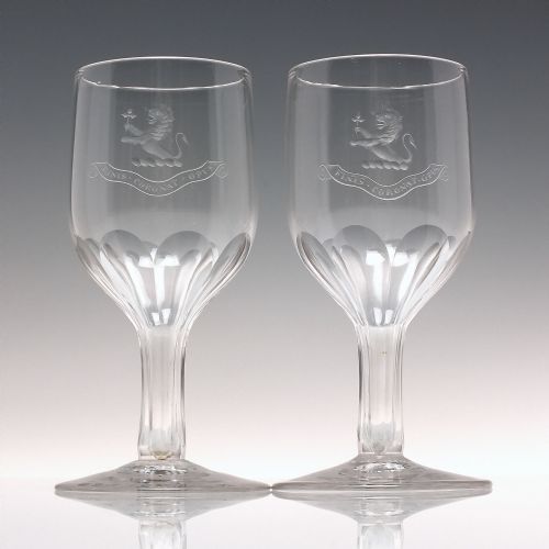 pair antique engraved hollow stem champagne glasses c1880 - CATEGORY: ANTIQUE GLASS - DATED 1880
